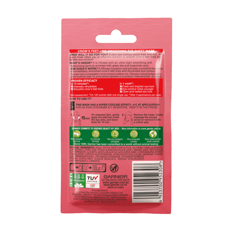 Garnier Hydra Bomb Hyaluronic Acid + Green Tea Anti Ageing Eye Sheet Mask